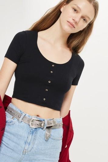 Topshop Short Sleeve Horn Button Crop T-shirt