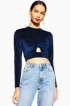 Topshop Blue Cut Out Long Sleeve Ribbed Velvet Top