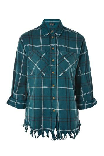 Topshop Check Shredded Hem Shirt