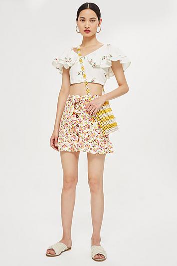 Topshop Floral Tie Button Skirt