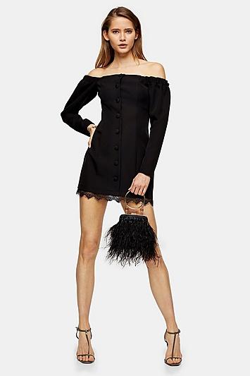Topshop Black Lace Bardot Mini Dress