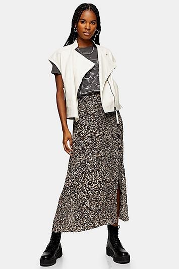 Topshop Leopard Side Button Pleat Midi Skirt
