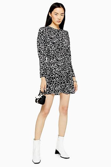Topshop Austin Black And White Printed Long Sleeve Mini Dress