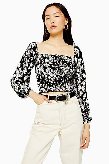 Topshop Black Long Sleeve Floral Shirred Top