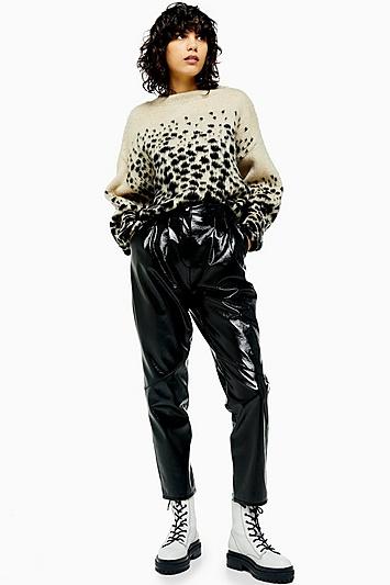 Topshop Tall Black Cracked Faux Leather Vinyl Peg Trousers