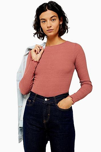 Topshop Pink Long Sleeve Lettuce Mesh Top