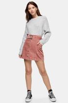 Topshop Pink Corduroy Button Down Belted Mini Skirt