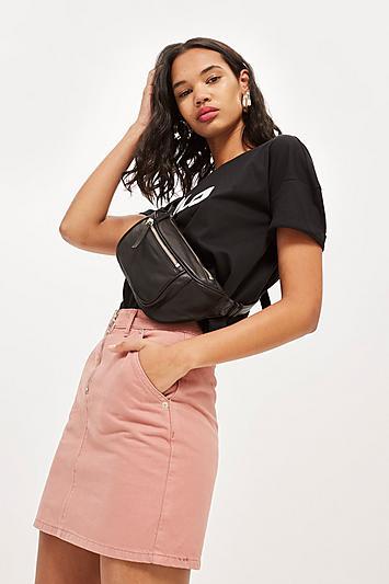Topshop Tall Rose Half Zip Denim Skirt