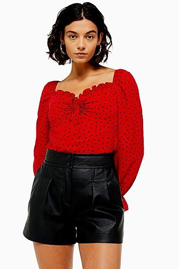 Topshop Tall Palermo Red Heart Print Long Sleeve Blouse
