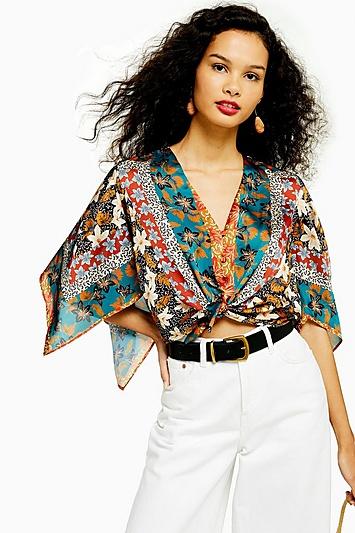 Topshop Scarf Print Knot Front Top With Tie