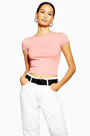 Topshop Petite Pink Picot Trim T-shirt