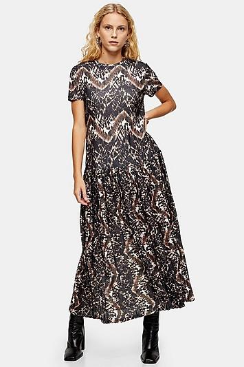 Topshop Printed Pleated Mesh Midi Dress
