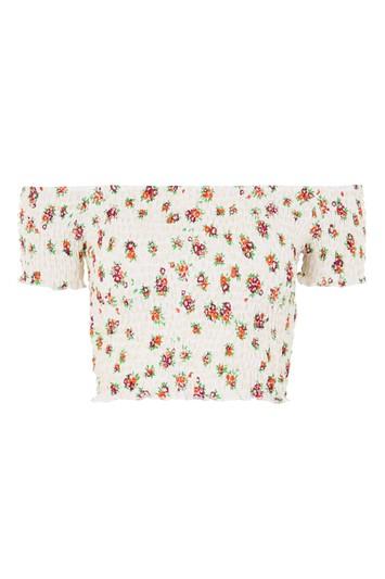 Topshop Shirred Floral Print Bardot Top