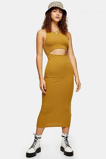 Topshop Mustard Cut Out Ribbed Midi Dress