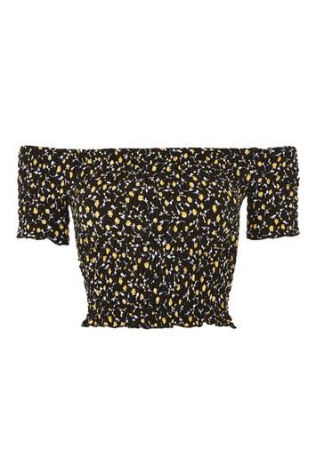 Topshop Floral Print Shirred Bardot Top