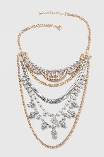 Topshop Rhinestone And Chain Multirow Necklace