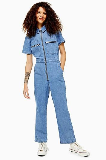 Topshop Petite Mid Blue Short Sleeve Boiler Suit