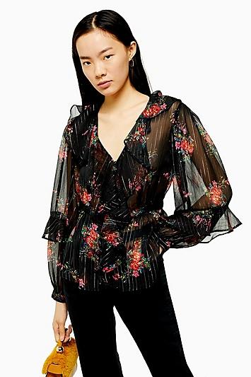 Topshop Floral Metallic Stripe Ruffle Blouse