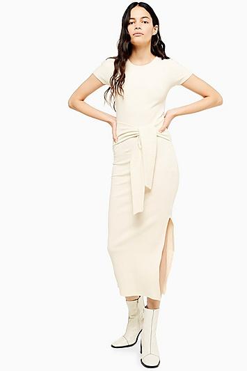 Topshop Ecru Belted Ribbed Column Jersey Dress