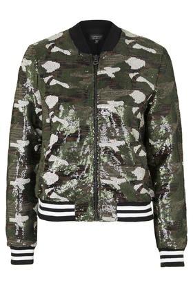 Topshop Camo Sequin Bomber Jacket
