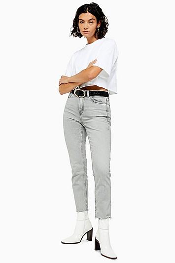 Topshop Grey Raw Hem Straight Jeans