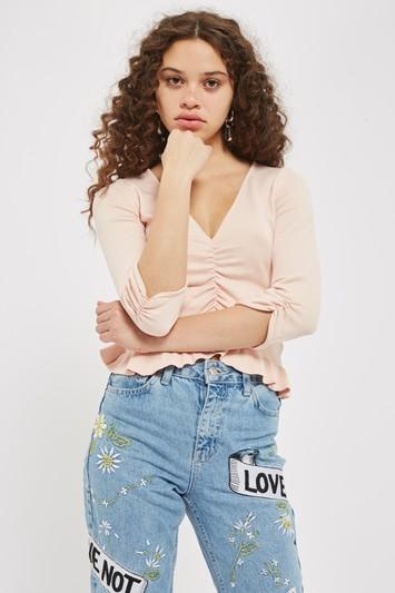 Topshop Petite Ruched Front Frill Blouse