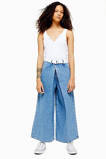 Topshop Petite Bleach Wrap Belted Wide Leg Jeans