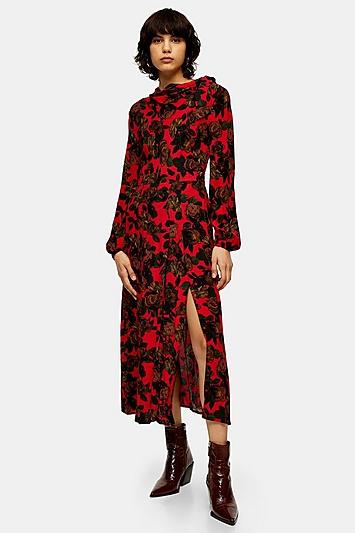 Topshop Red Rose Print Tie Neck Dress