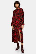 Topshop Red Rose Print Tie Neck Dress