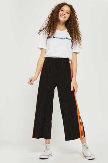 Topshop Side Striped Plisse Wide Leg Trousers