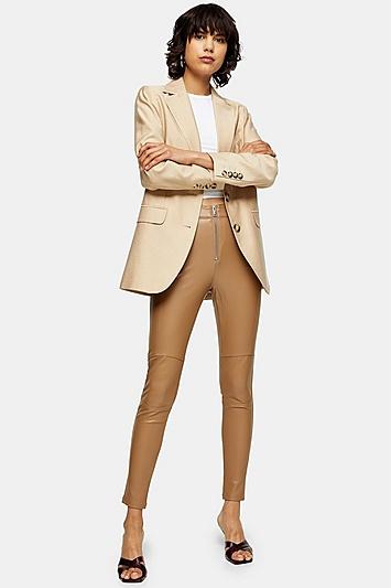 Topshop Tan Skinny Biker Faux Leather Pu Trousers