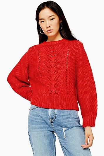 Topshop Red Knitted Pointelle Crop Jumper
