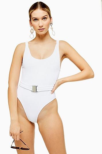 Topshop White Crinkle Belted Swimsuit