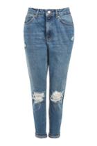 Topshop Petite Mid Blue Ripped Mom Jeans
