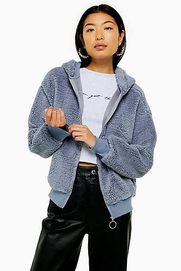 Topshop Blue Borg Zip Hoodie