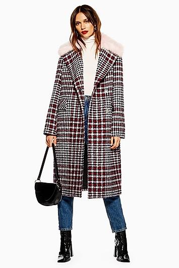 Topshop Faux Fur Collar Check Coat