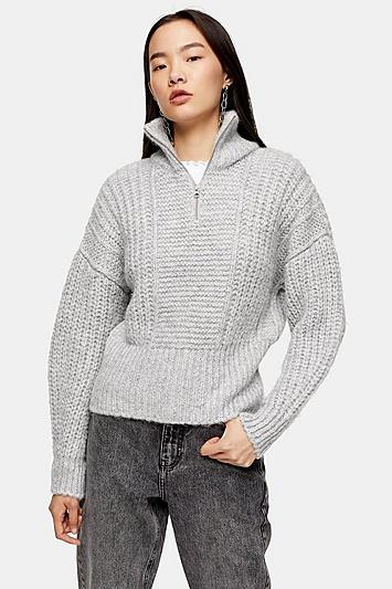 Topshop Grey Knitted Zip Up Funnel Neck Jumper