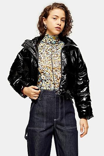 Topshop Petite Black Faux Leather Vinyl Puffer Jacket