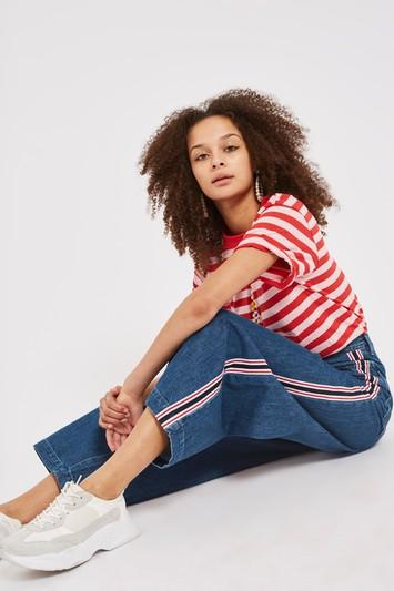 Topshop Petite Striped Indigo Wide Leg Jeans