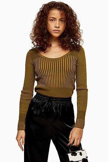 Topshop Khaki Wide Scoop Knitted Top
