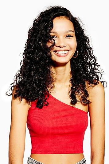 Topshop Red One Shoulder Ribbed Crop Top