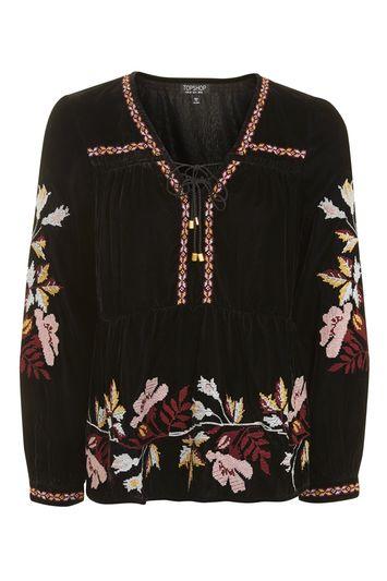 Topshop Velvet Embroidered Smock Blouse