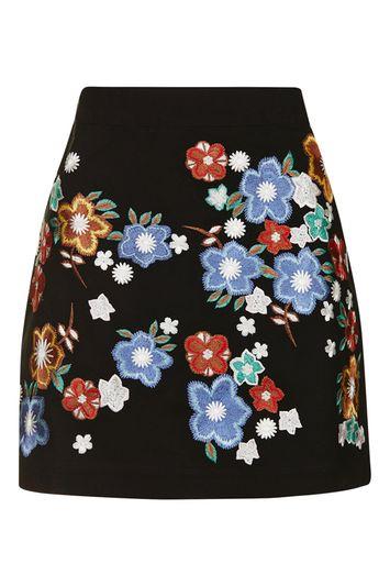 Topshop Floral Embroidered A-line Mini Skirt