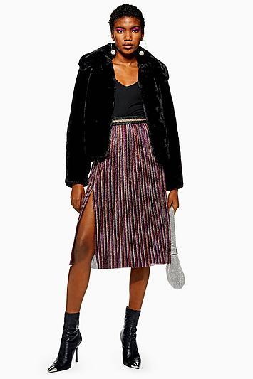 Topshop Metallic Plisse Striped Midi Skirt
