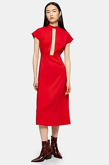 Topshop Red Plunge Tie Neck Midi Dress