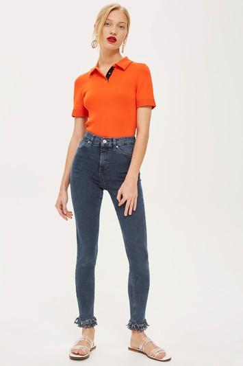 Topshop Moto Dusty Blue Fringe Hem Jeans