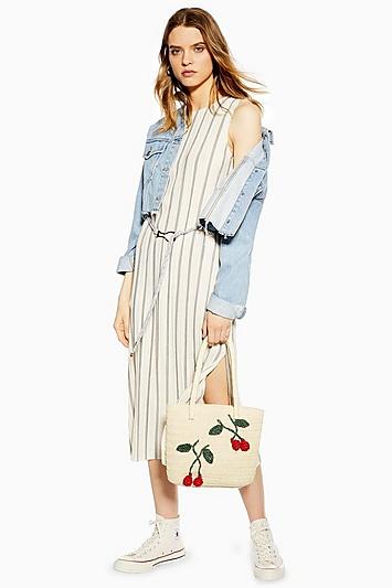 Topshop Plisse Stripe Belt Midi Dress