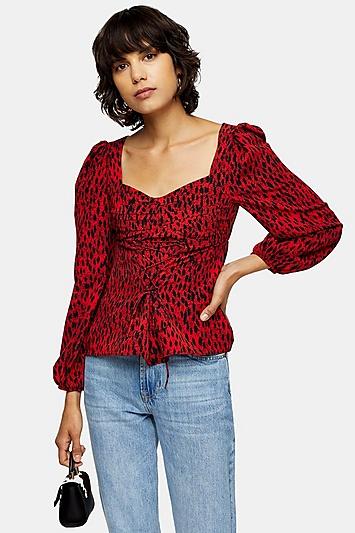 Topshop Red Leopard Lace Up Prairie Blouse