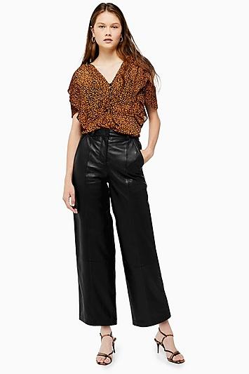 Topshop Black Real Leather Wide Leg Trousers