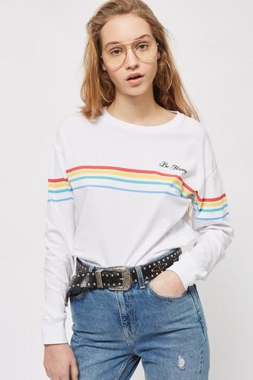 Topshop 'be Happy' Stripe Long Sleeve Top